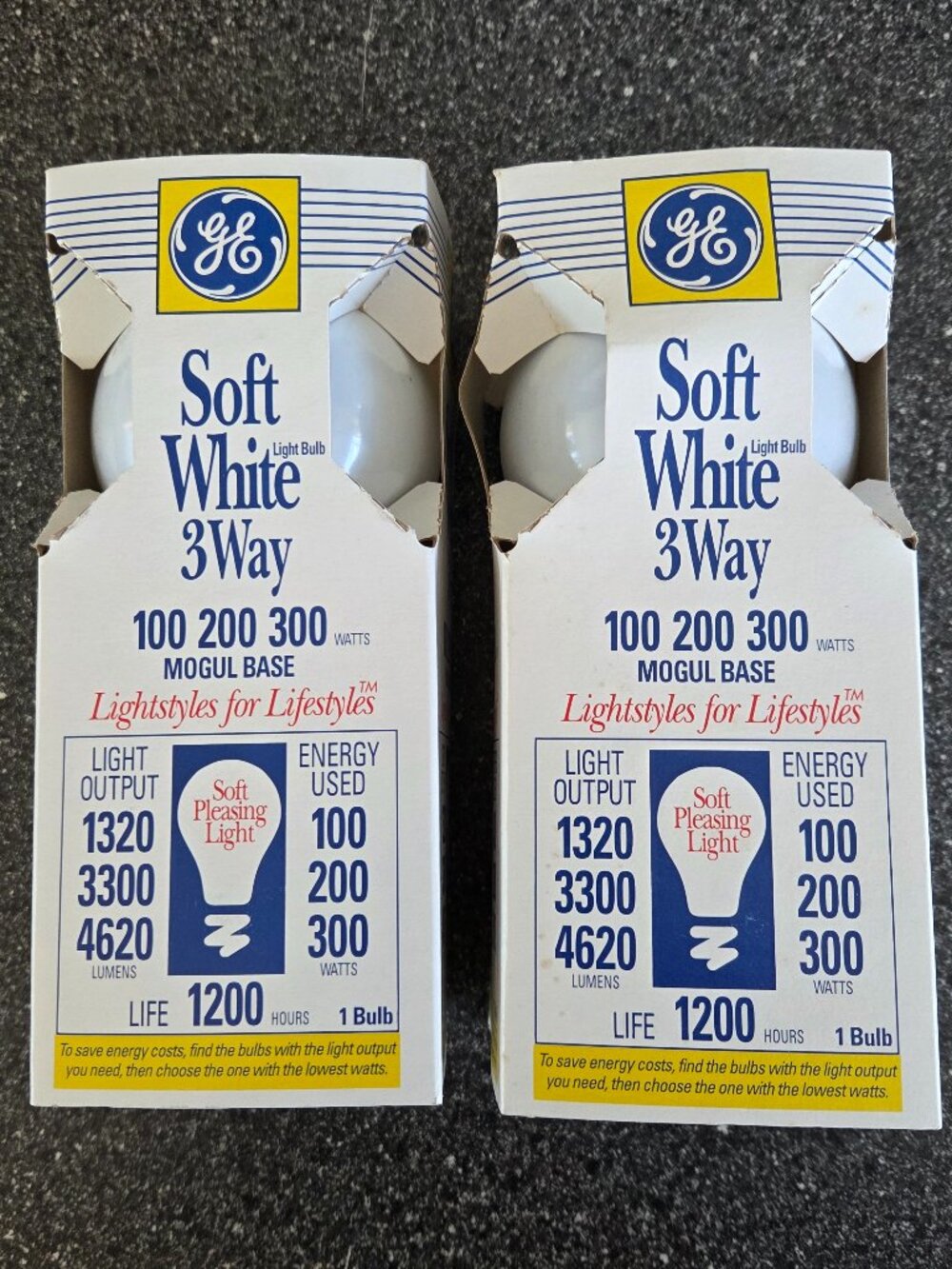 2 GE Soft White 3-Way Bulbs Mogul Base E39 100-200-300 New Old Stock Vintage